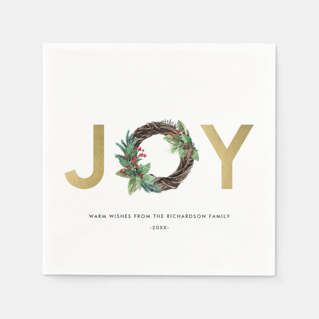 ELEGANT HOLLY BERRY RED GOLD JOY WREATH CHRISTMAS NAPKIN (Front)
