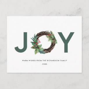 ELEGANT HOLLY BERRY RED GREEN JOY WREATH CHRISTMAS POSTCARD