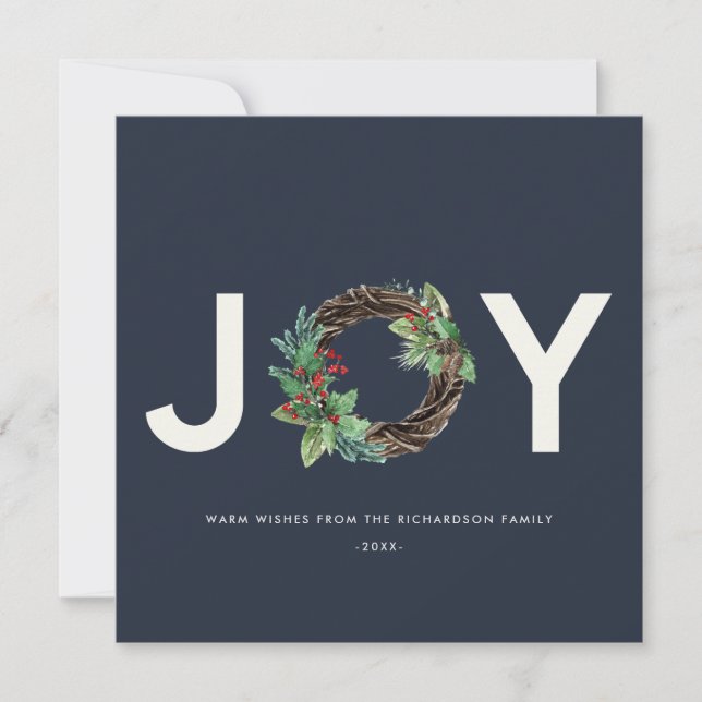 ELEGANT HOLLY BERRY RED NAVY JOY WREATH CHRISTMAS HOLIDAY CARD (Front)