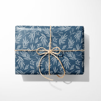Elegant Holly & Berry Stems Blue Wrapping Paper