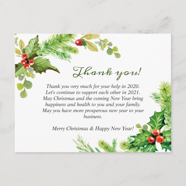 Elegant Holly Berry Thank You Corporate Christmas Holiday Postcard (Front)