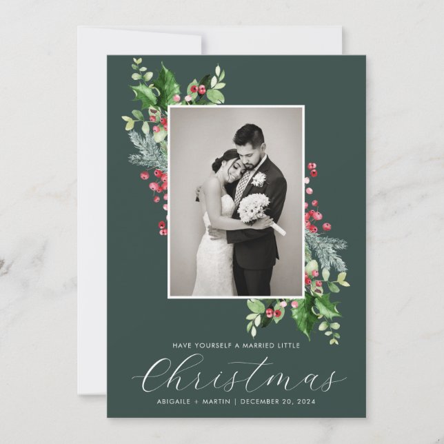 Elegant Holly Berry Wedding Photo Green  Holiday Card (Front)