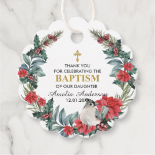 Elegant Holly Berry Winter Baptism Thank You Favour Tags