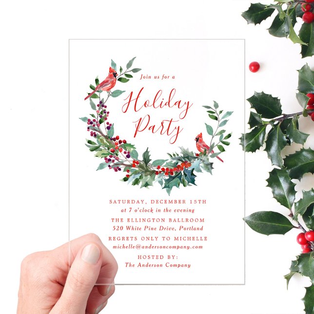Elegant Holly Berry Wreath Cardinals Holiday Party Acrylic Invitations (Creator Uploaded)