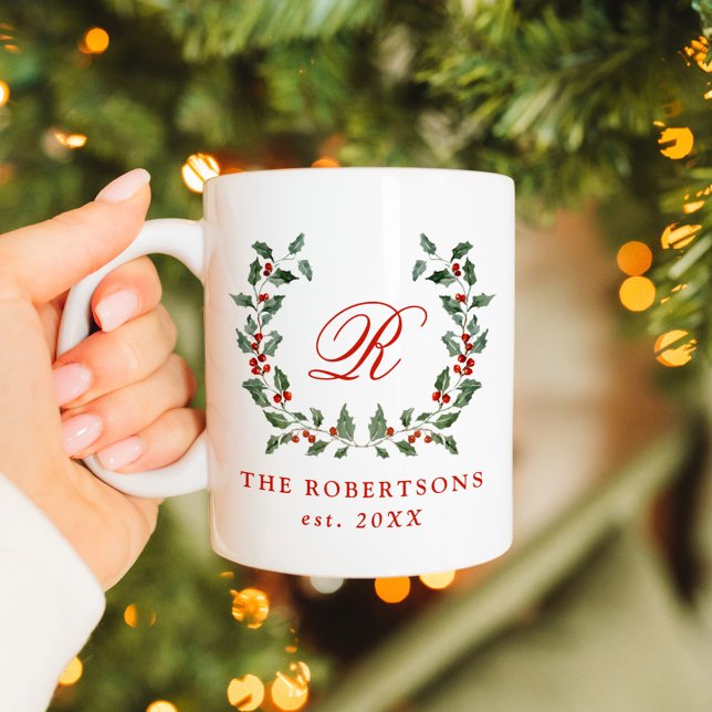 Elegant Holly Berry Wreath Monogram Personalised Coffee Mug (Creator Uploaded)