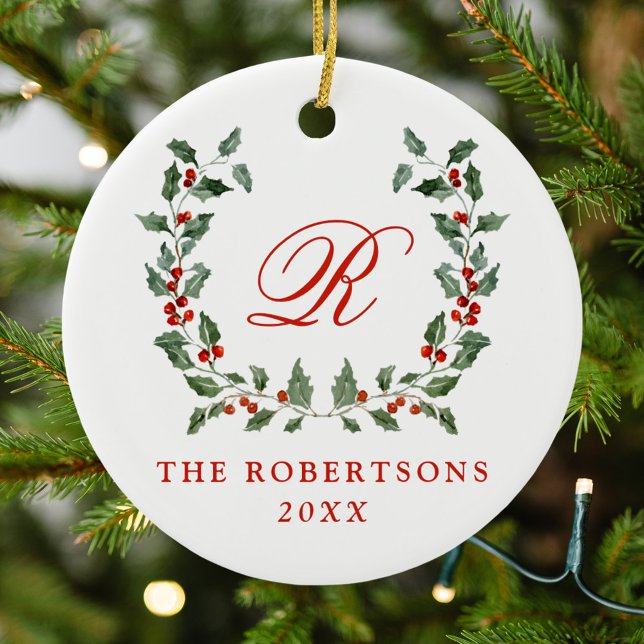 Elegant Holly Berry Wreath Monogram Photo Ceramic Tree Decoration (Creator Uploaded)