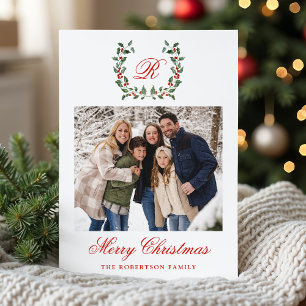 Elegant Holly Berry Wreath Monogram Photo Holiday Card