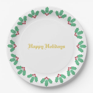 Elegant Holly Berry Wreath Paper Plate