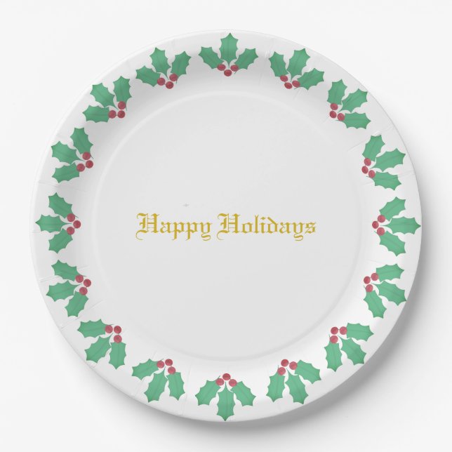 Elegant Holly Berry Wreath Paper Plate (Front)