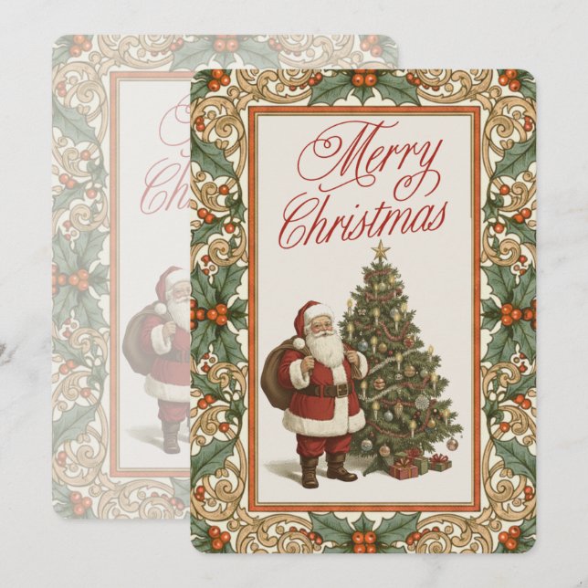 Elegant Holly Border Merry Christmas Greeting Holiday Card (Front/Back)