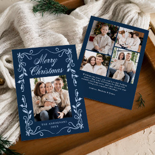 Elegant Holly Border Navy Merry Christmas 5 Photo Holiday Card