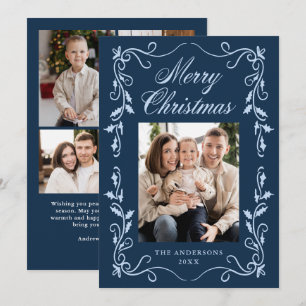 Elegant Holly Border Navy Merry Christmas 5 Photo Holiday Card