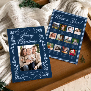 Elegant Holly Border Navy Year in Review Photo Holiday Card