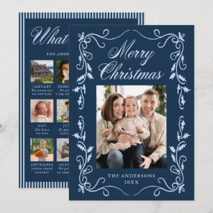 Elegant Holly Border Navy Year in Review Photo Holiday Card