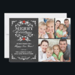 Elegant Holly Chalkboard Christmas 3-Photo Collage Holiday Card<br><div class="desc">Vintage chalkboard style Merry Christmas holiday greeting card with photo template. Elegant black and white design with beautiful red poinsettia holly wreath, festive retro frame and decorative formal letterpress style typography on slate grey chalk board background. Add your three favourite holiday family pictures and customise the text. Cheerful and bright...</div>