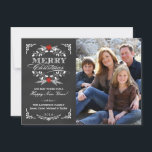 Elegant Holly Chalkboard Christmas Photo Flat Card<br><div class="desc">Vintage chalkboard style Merry Christmas holiday greeting card with photo template. Elegant black and white design with beautiful red poinsettia holly wreath, festive retro frame and decorative formal letterpress style typography on slate grey chalk board background. Add your favourite holiday family picture and customise the text. Cheerful and bright contemporary,...</div>