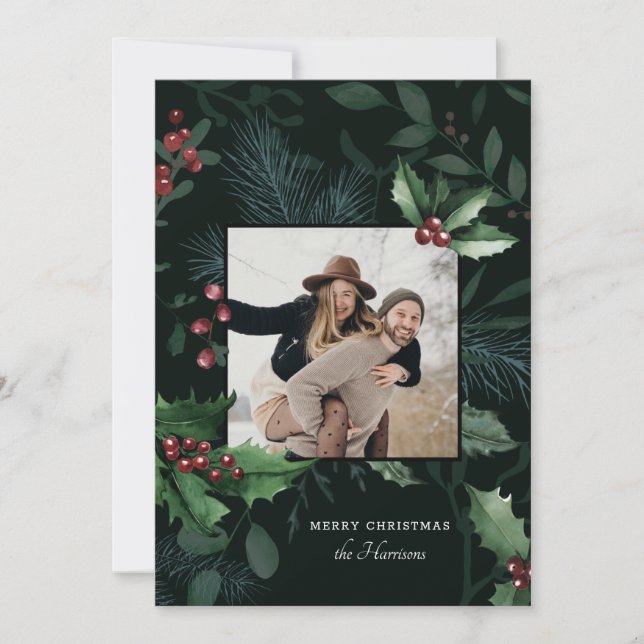 Elegant Holly Christmas Dark Green Botanical Photo Holiday Card (Front)