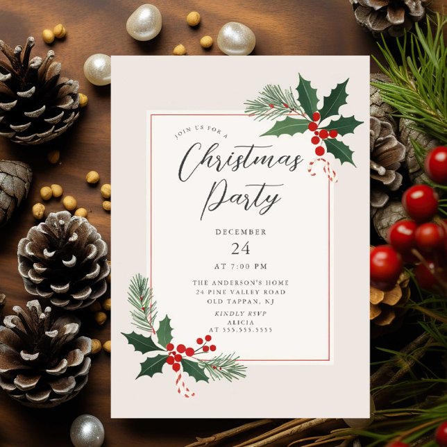 Elegant Holly Christmas Party Invitation (Creator Uploaded)