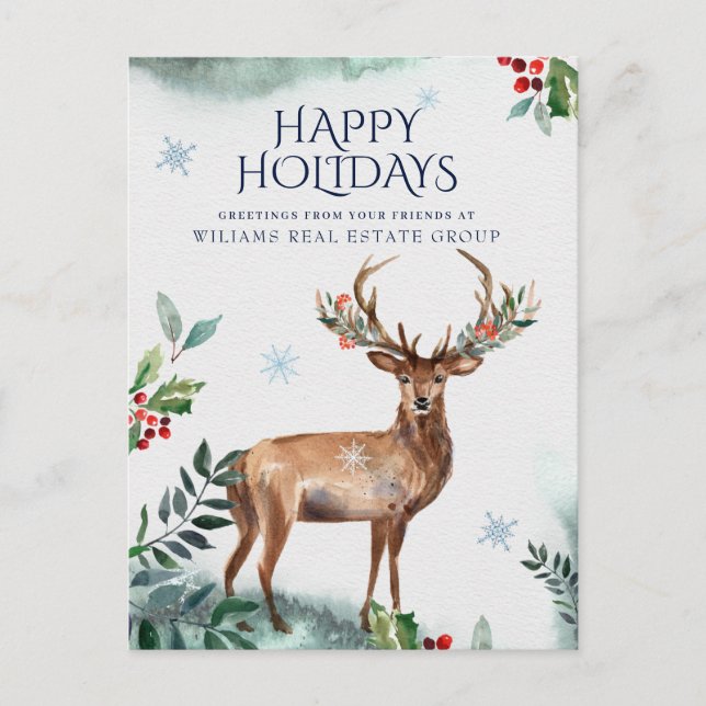Elegant Holly Deer Christmas Corporate Greeting Holiday Postcard (Front)