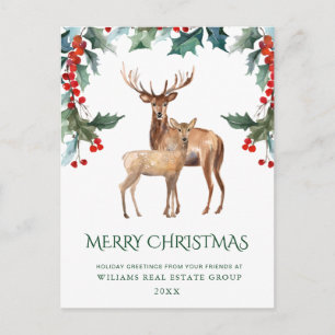 Elegant Holly Deer Christmas Corporate Greeting Postcard