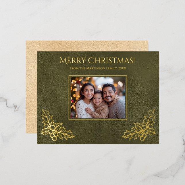 Elegant Holly Family Photo Green Faux Leather Foil Holiday Postcard (Front/Back)