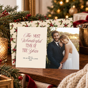 Elegant Holly First Marrried Christmas Photo Holiday Card