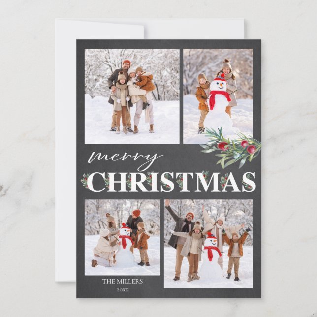 Elegant Holly Merry Christmas Holiday Photo Card (Front)