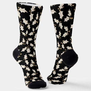 Elegant Holly Pattern Black, Ivory, Gold  Socks