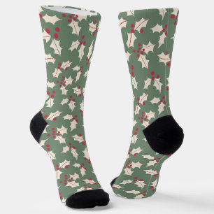 Elegant Holly Pattern Green Red,Ivory Socks
