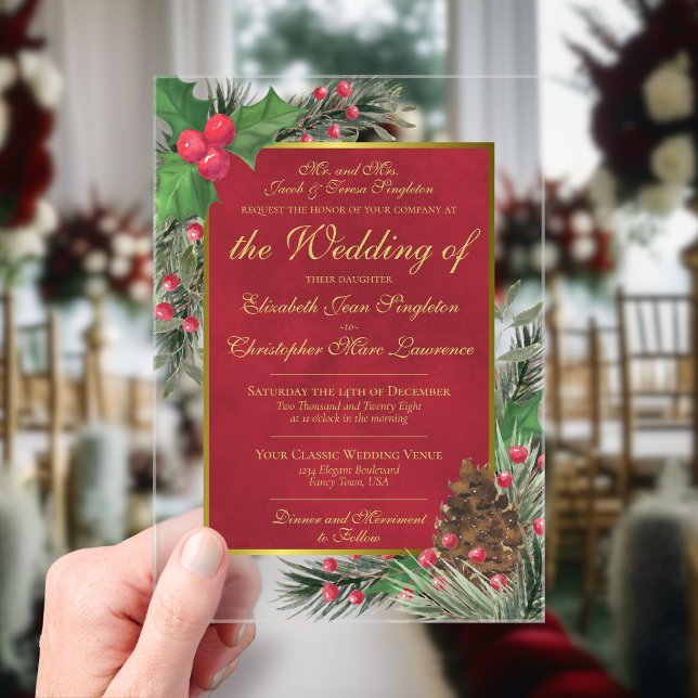 Elegant Holly & Pine Christmas or Holiday Wedding Acrylic Invitations (Clear Acrylic with Rectangle Cut)