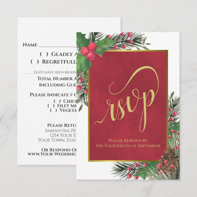 Elegant Holly & Pine Christmas or Holiday Wedding RSVP Card (Front/Back)