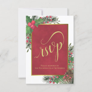 Elegant Holly & Pine Christmas or Holiday Wedding RSVP Card