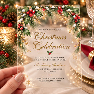 Elegant Holly Pine Gold Christmas Party Acrylic Invitations