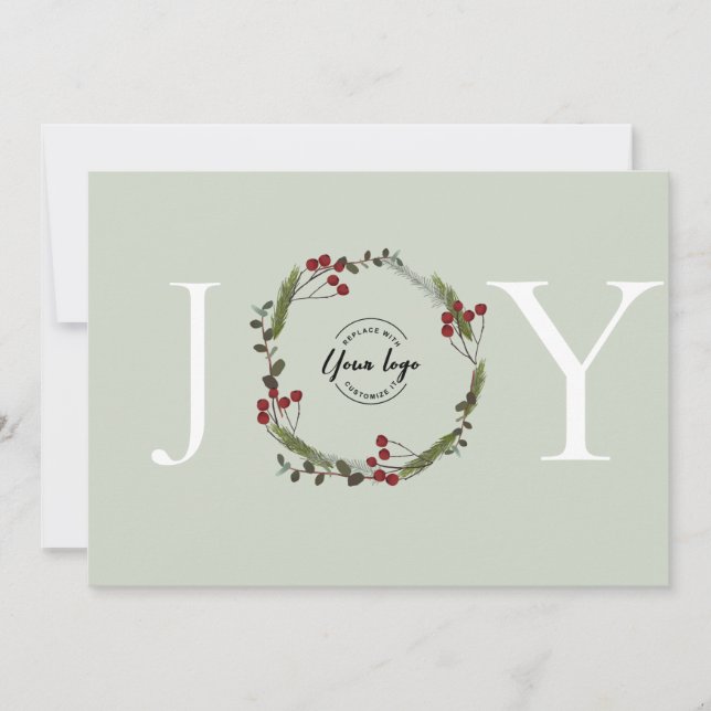 Elegant Holly Pine Wreath Joy Business logo custom Holiday Card (Front)