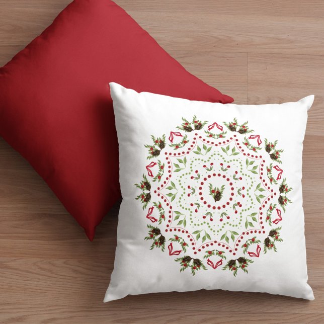Elegant Holly Pinecone Holiday Mandala Christmas Cushion (Christmas simple holiday wreath mandala decorative throw pillow)