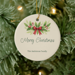 Elegant Holly & Red Bow Christmas - Ceramic Tree Decoration