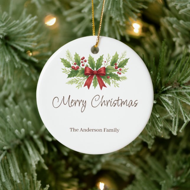 Elegant Holly & Red Bow Christmas -  Ceramic Tree Decoration (Tree)