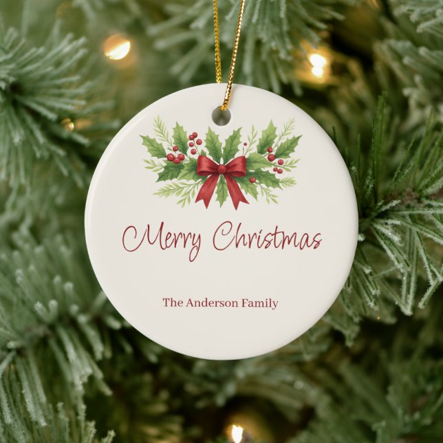 Elegant Holly & Red Bow Christmas -  Ceramic Tree Decoration (Tree)