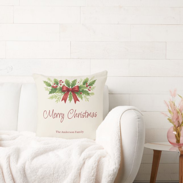 Elegant Holly & Red Bow Christmas -  Cushion (Couch)