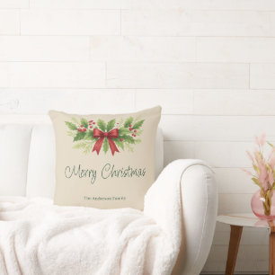 Elegant Holly & Red Bow Christmas - Cushion