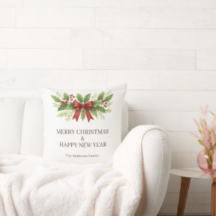 Elegant Holly & Red Bow Christmas -  Cushion