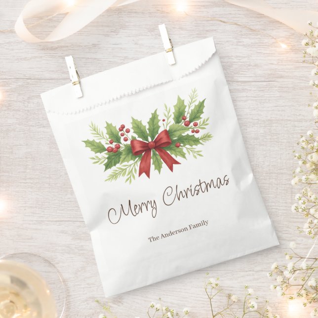 Elegant Holly & Red Bow Christmas -  Favour Bags (Clipped)