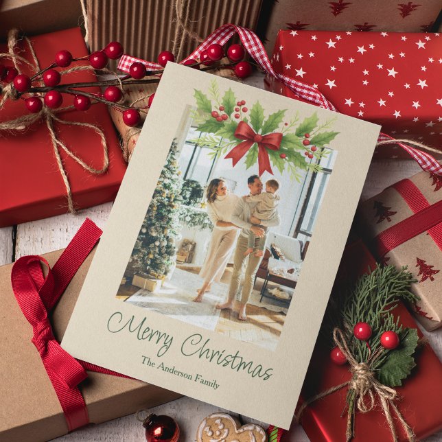 Elegant Holly & Red Bow Christmas Holiday Card (Creator Uploaded)