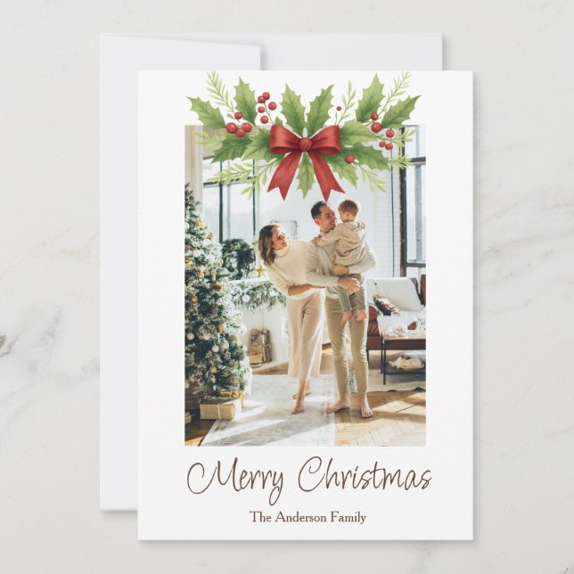 Elegant Holly & Red Bow Christmas -  Holiday Card (Front)