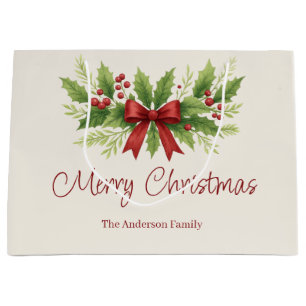 Elegant Holly & Red Bow Christmas -  Large Gift Bag