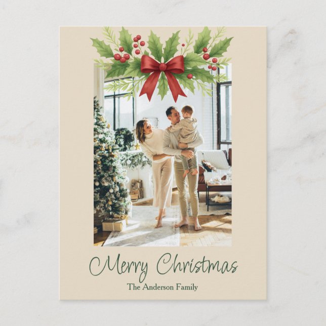 Elegant Holly & Red Bow Christmas Postcard (Front)