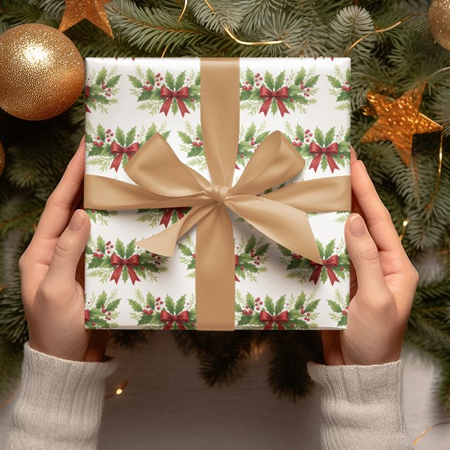 Elegant Holly & Red Bow Christmas -  Wrapping Paper (Creator Uploaded)