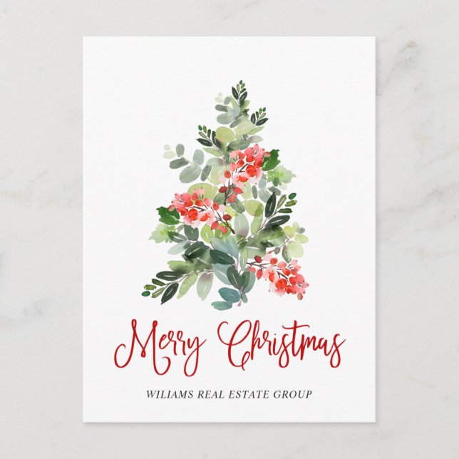 Elegant Holly Tree Christmas Corporate Greeting Postcard (Front)