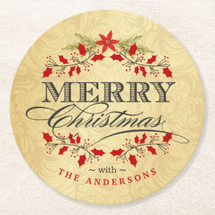 Elegant Holly Vintage Merry Christmas Typography Round Paper Coaster