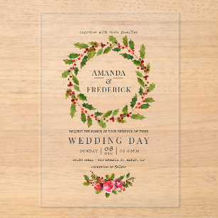 Elegant Holly Wreath Christmas Wedding Acrylic Invitations